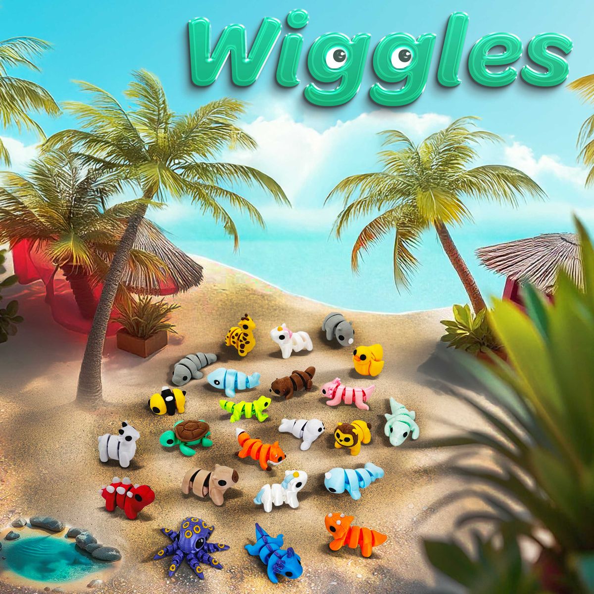Coleção de brinquedos colecionáveis Wiggles numa praia tropical